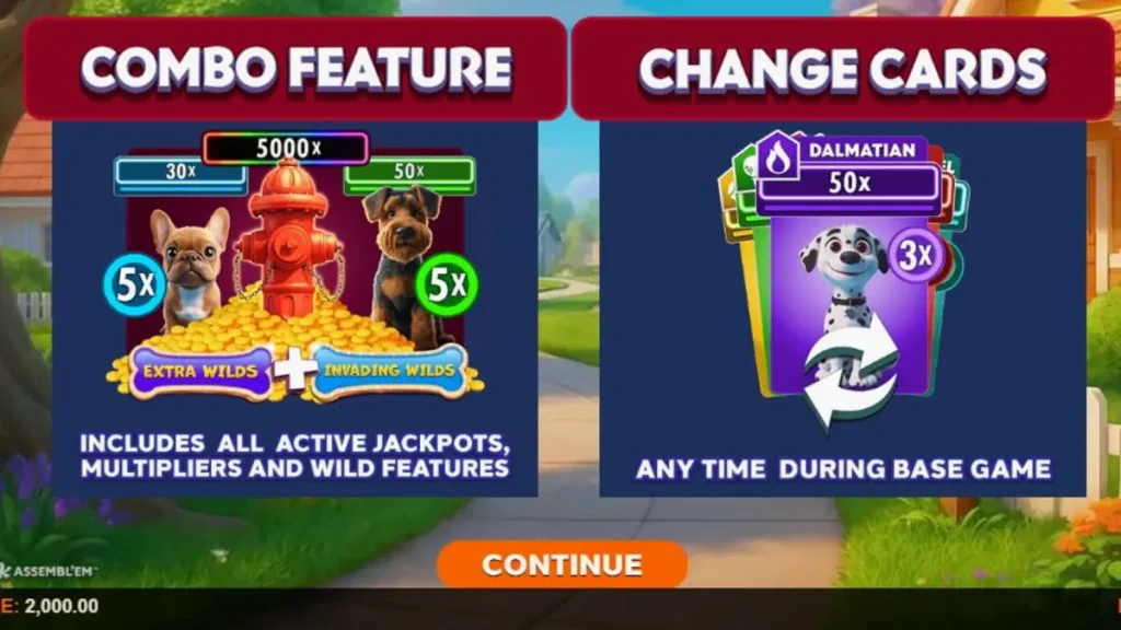 Tampilan visual slot Paw Pack Assembl’Em dengan karakter anjing yang lucu